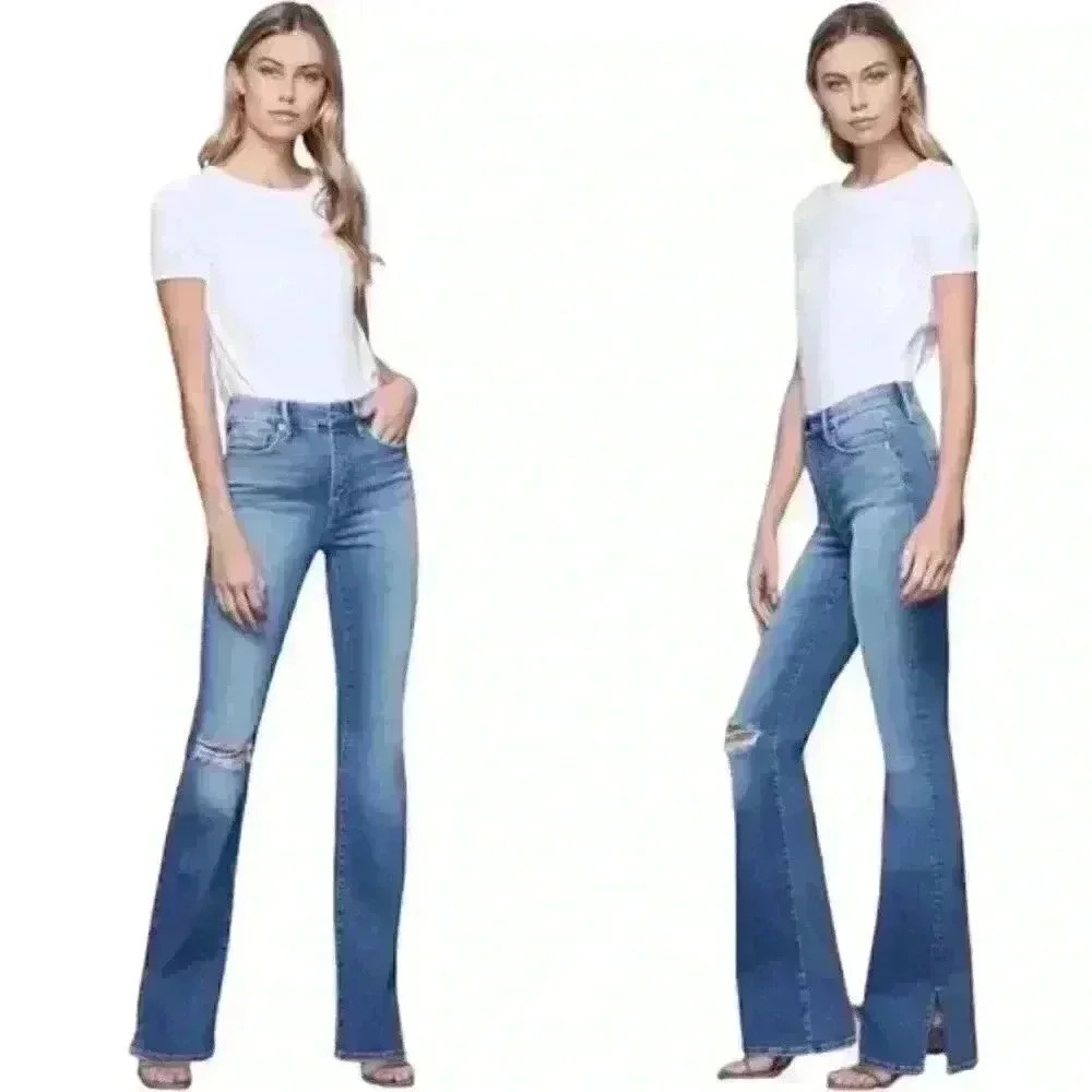 Good AMERICAN GOOD FLARE RIPPED SPLIT HEM FLARE JEANS IN BLUE458 SIZE 6/28